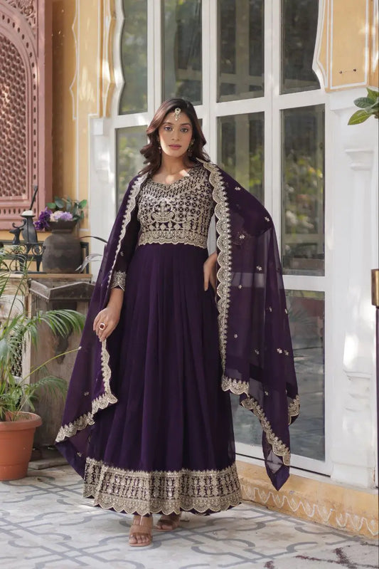 Purply Magenta Georgette Gown With Sequins Embroidery Work With Dupatta