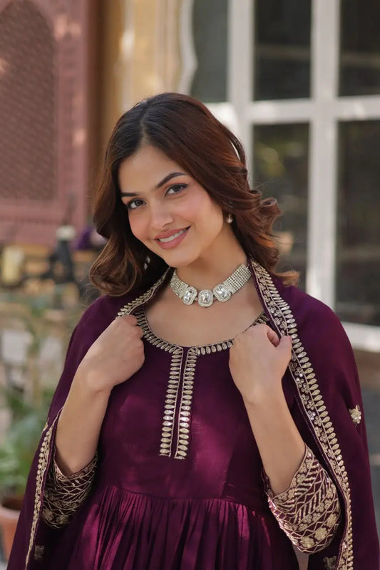 Wine Sequins Embroidery Work Gown With Heavy Dupatta