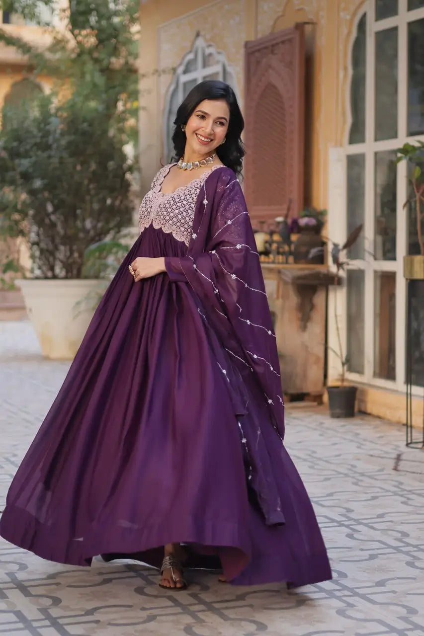 Plum Purple Embroidery Beads Sequins Work Georgette Gown With Dupatta