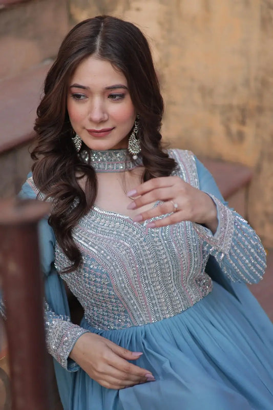 Sky Blue Georgette Embroidery Beads Sequins Work Gown With Dupatta