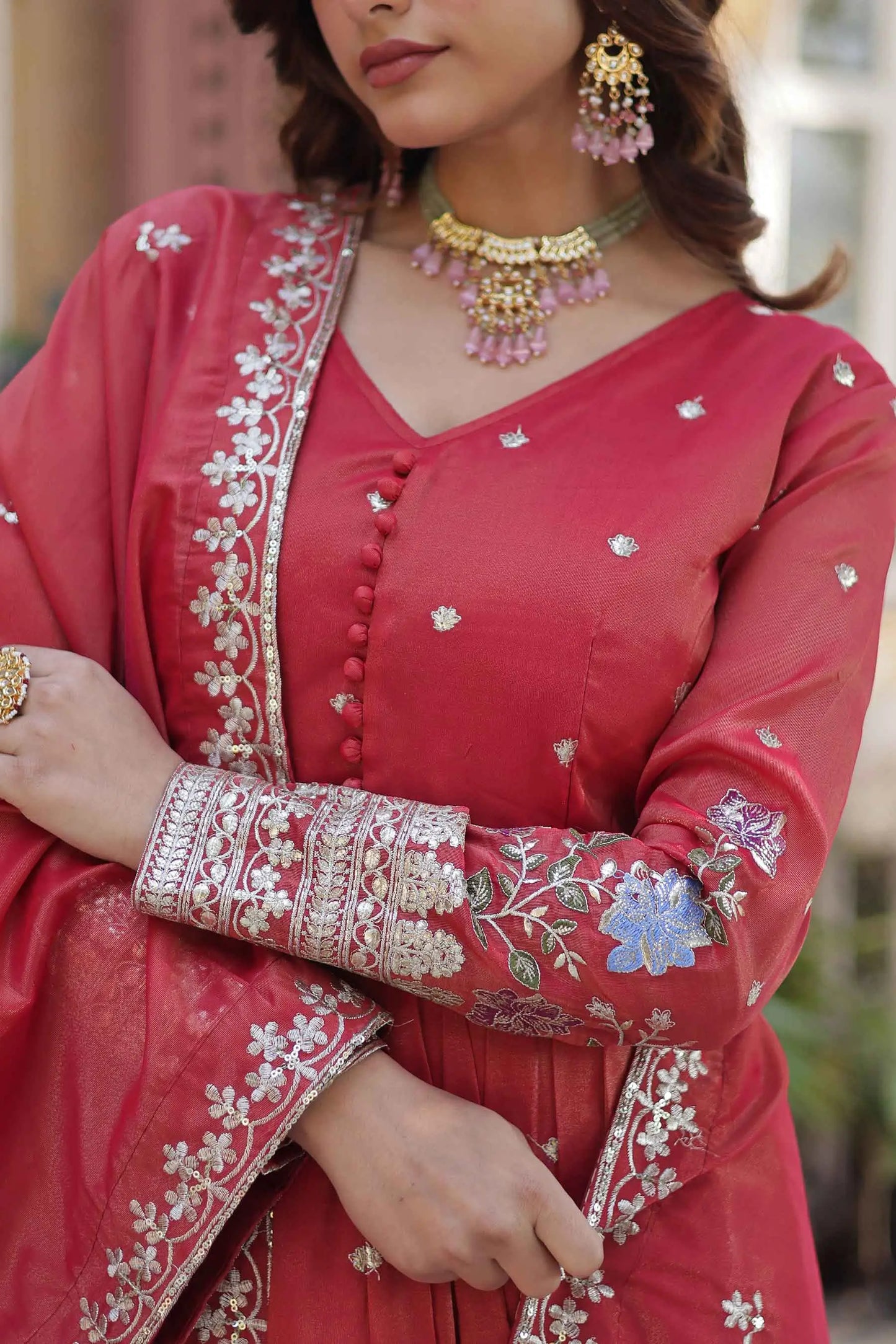 Oranges Red Foil Embroidery Zari Sequins Work Gown With Dupatta