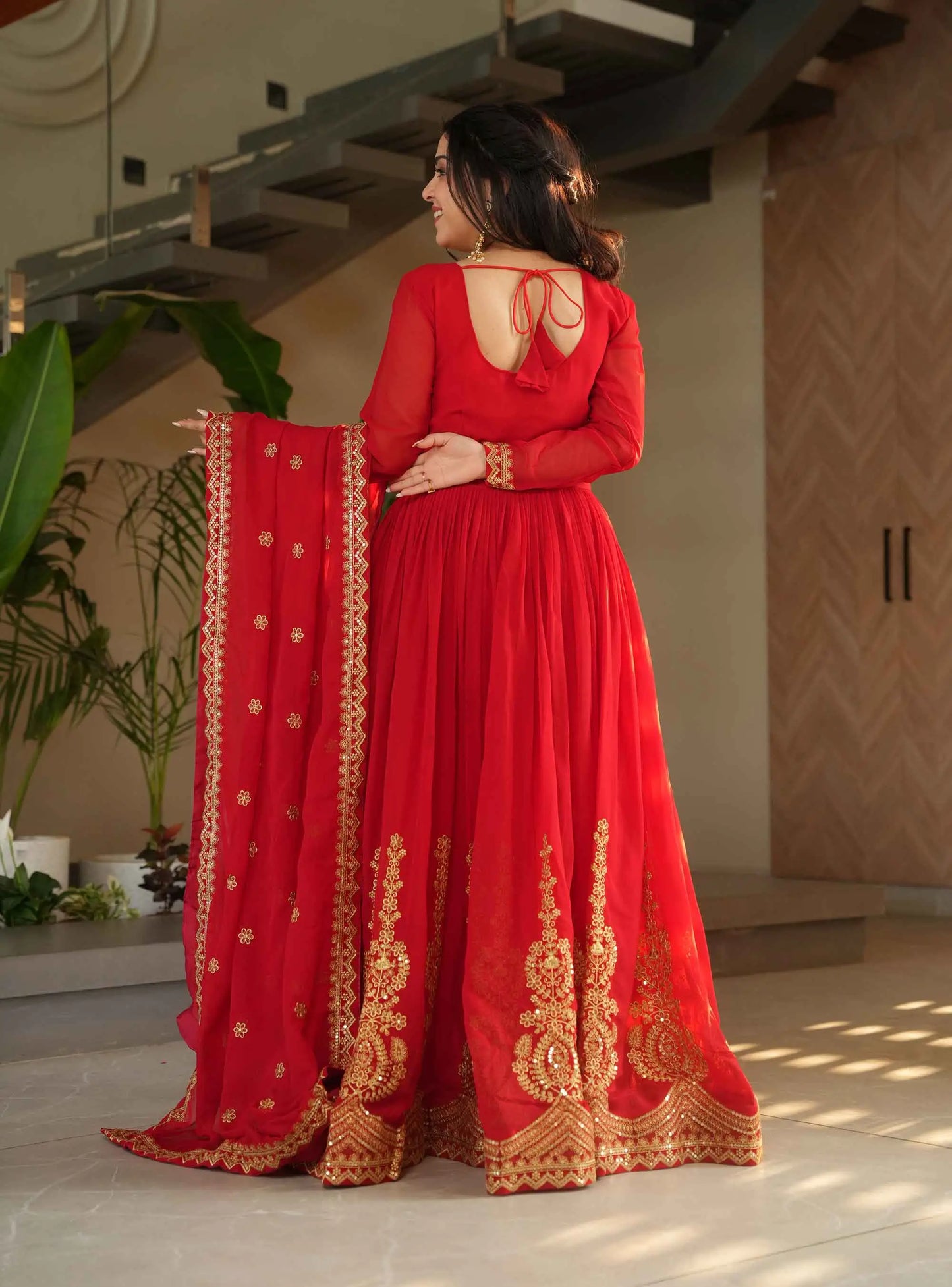 Scarlet Red Zari Sequins Embroidery Work Gown With Dupatta