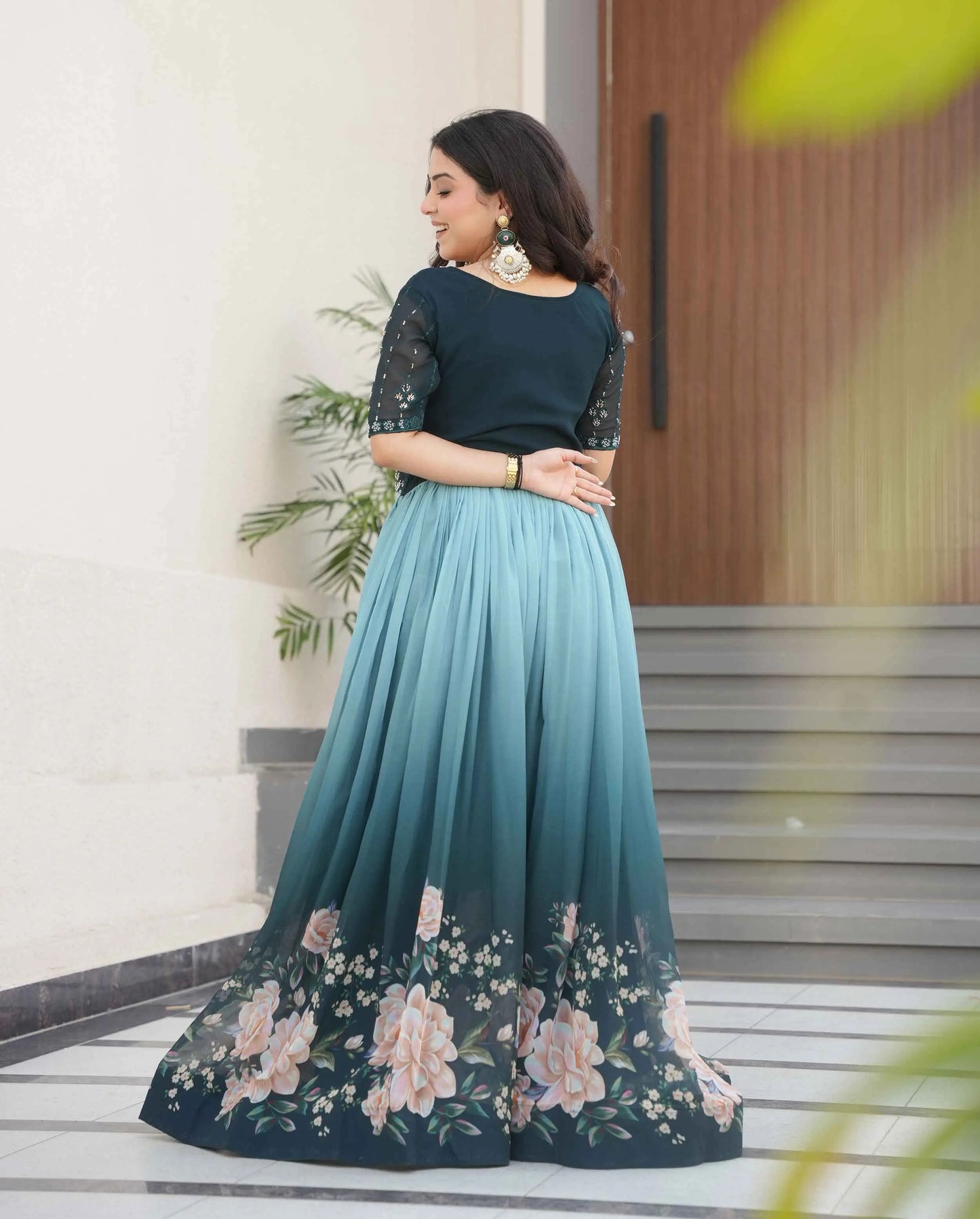 Teal Blue Floral Padding Digital Print Gown With Beads Embroidery Work