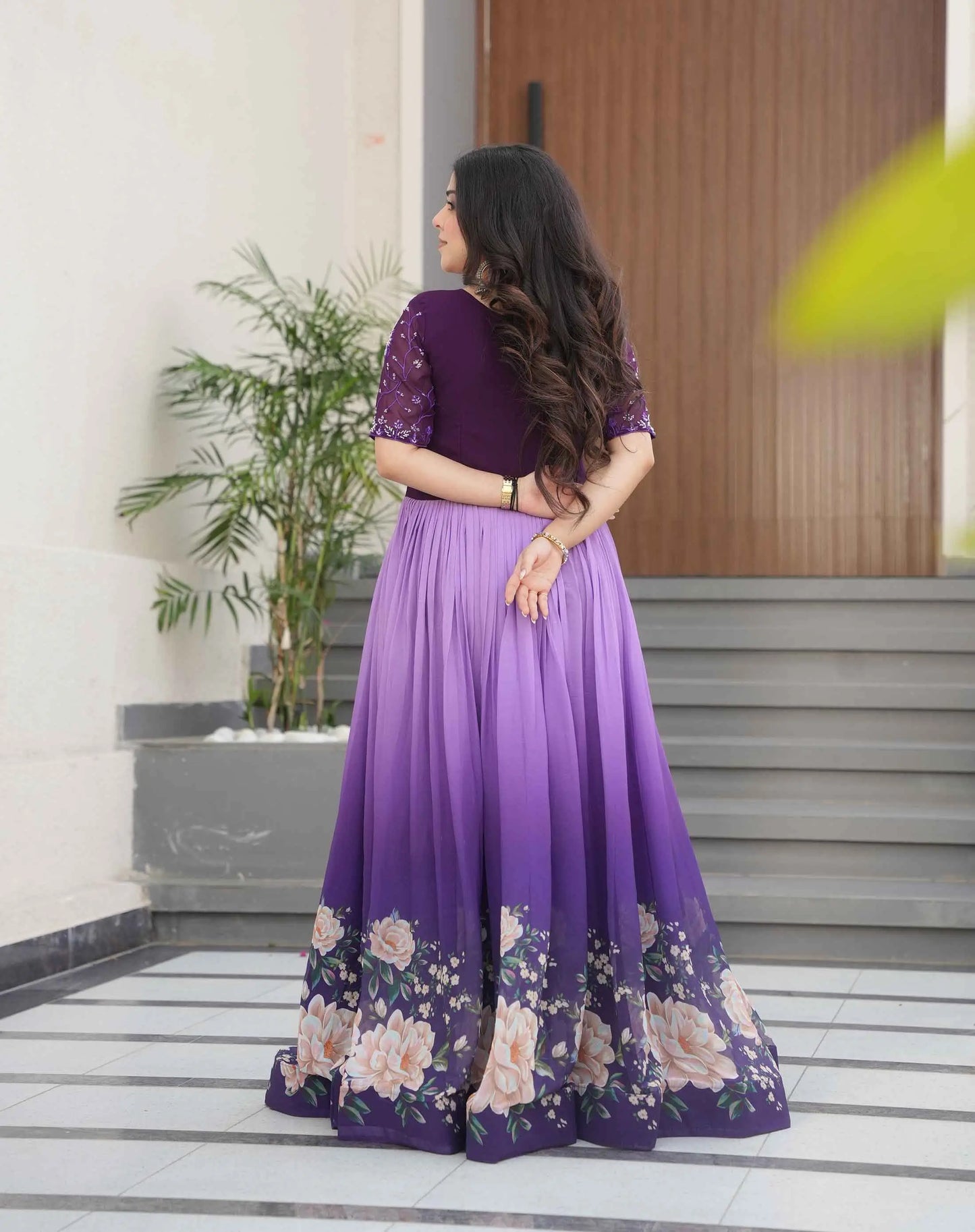 Purple Floral Padding Digital Print Gown With Beads Embroidery Work