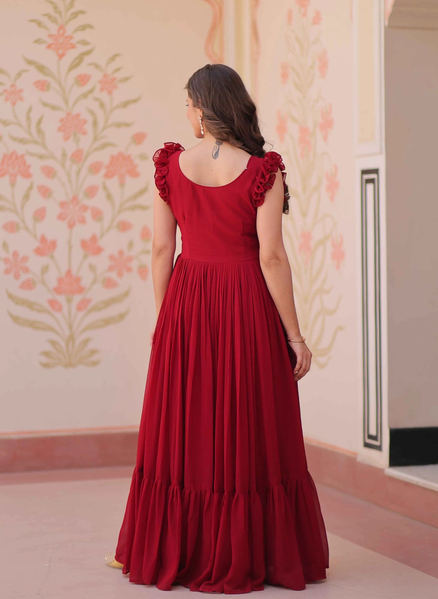 Paprika Red Georgette Multi Thread Beads Embroidery Work Gown