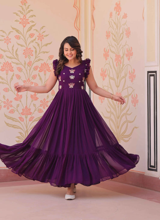 Purple Georgette Multi Thread Beads Embroidery Work Gown