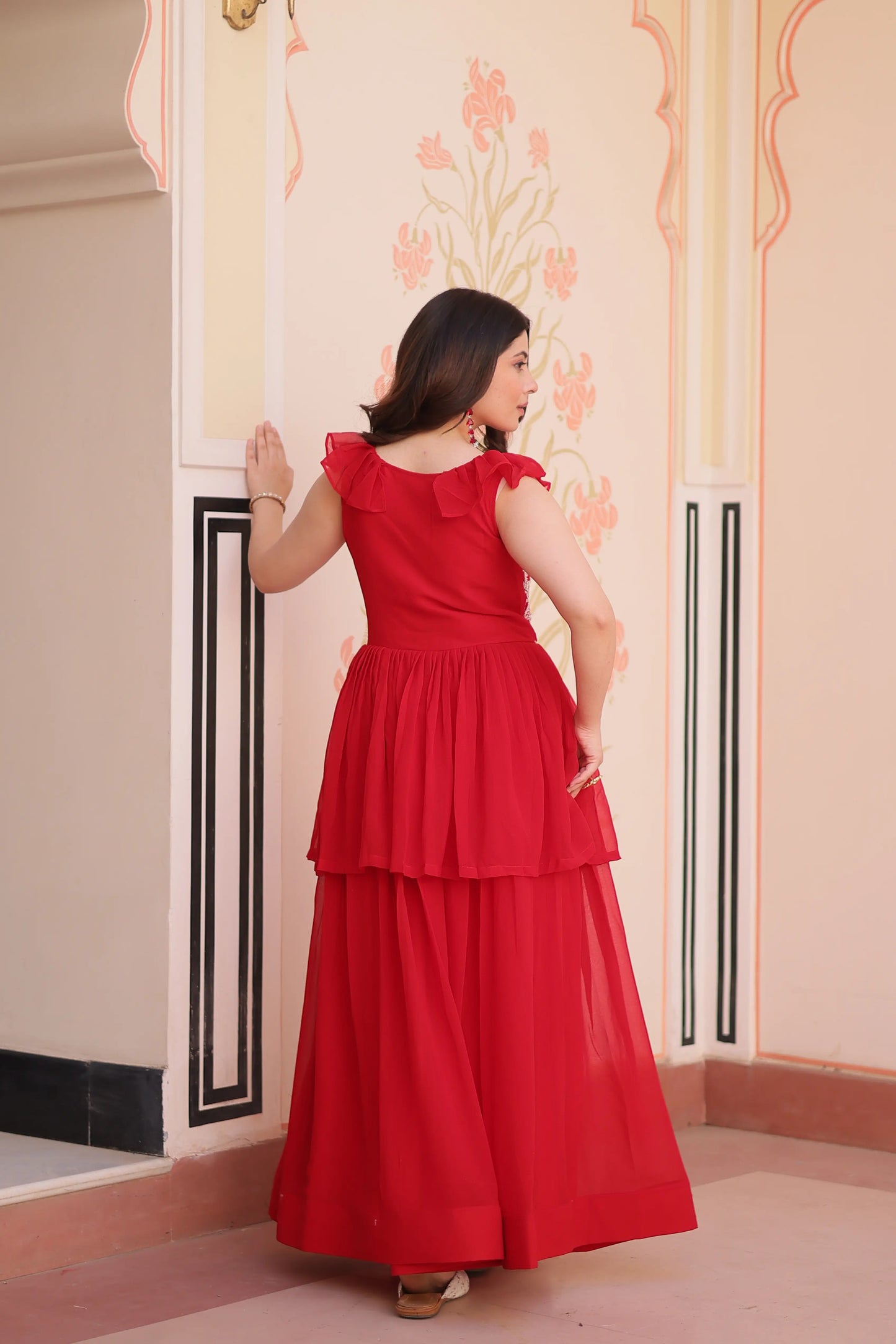 Designer Cornell Red Beads Embroidery Work Gown