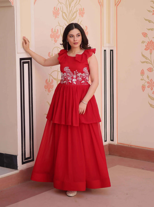 Designer Cornell Red Beads Embroidery Work Gown