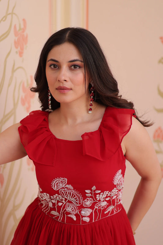 Designer Cornell Red Beads Embroidery Work Gown