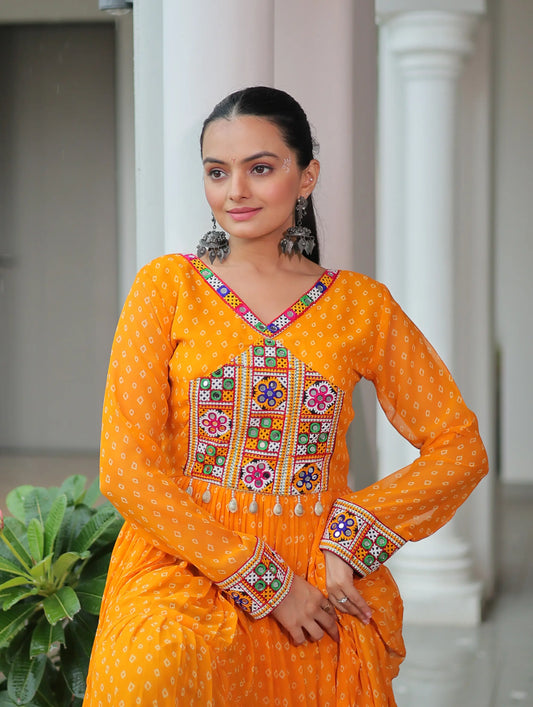 Yellow Navratri Gown Bandhani Print With Kutchi Patch Work