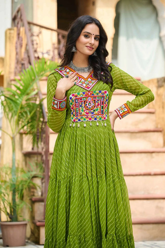 Parrot Laheriya Print With Kutchi Patch Work Navratri Gown