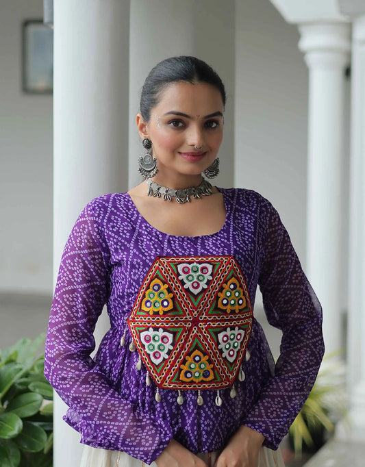 Purple Bandhani Print With Gamtthi Patch Work Top With Lehenga For Navratri