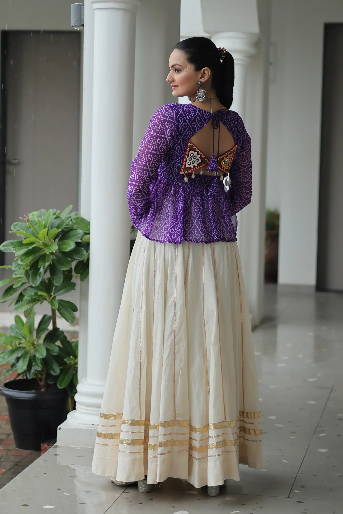 Purple Bandhani Print With Gamtthi Patch Work Top With Lehenga For Navratri