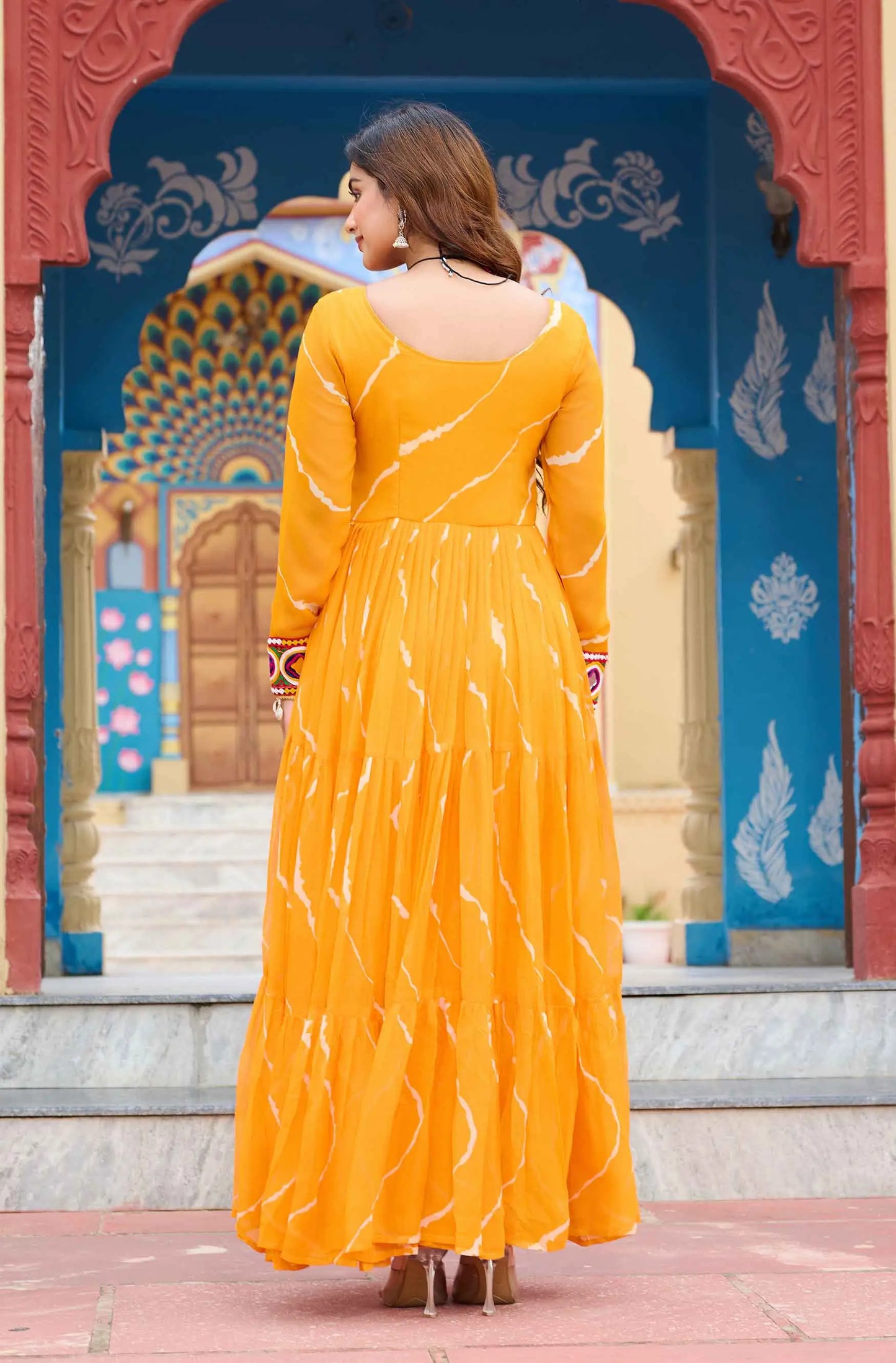 Yellow Laheriya Print With Kutchi Patch Work Navratri Gown