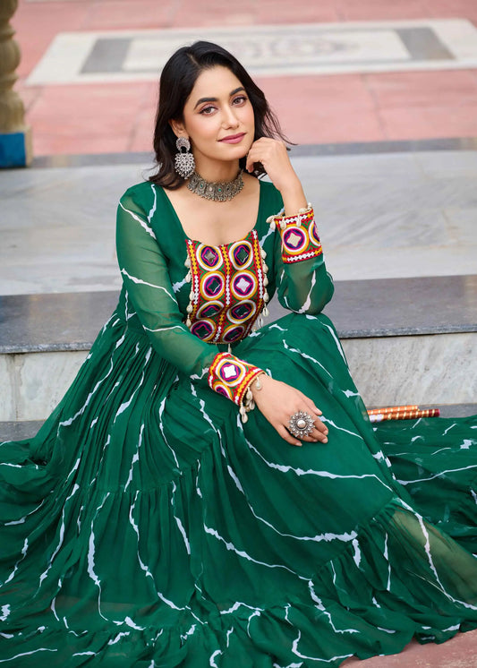 Dark Green Laheriya Print With Kutchi Patch Work Navratri Gown