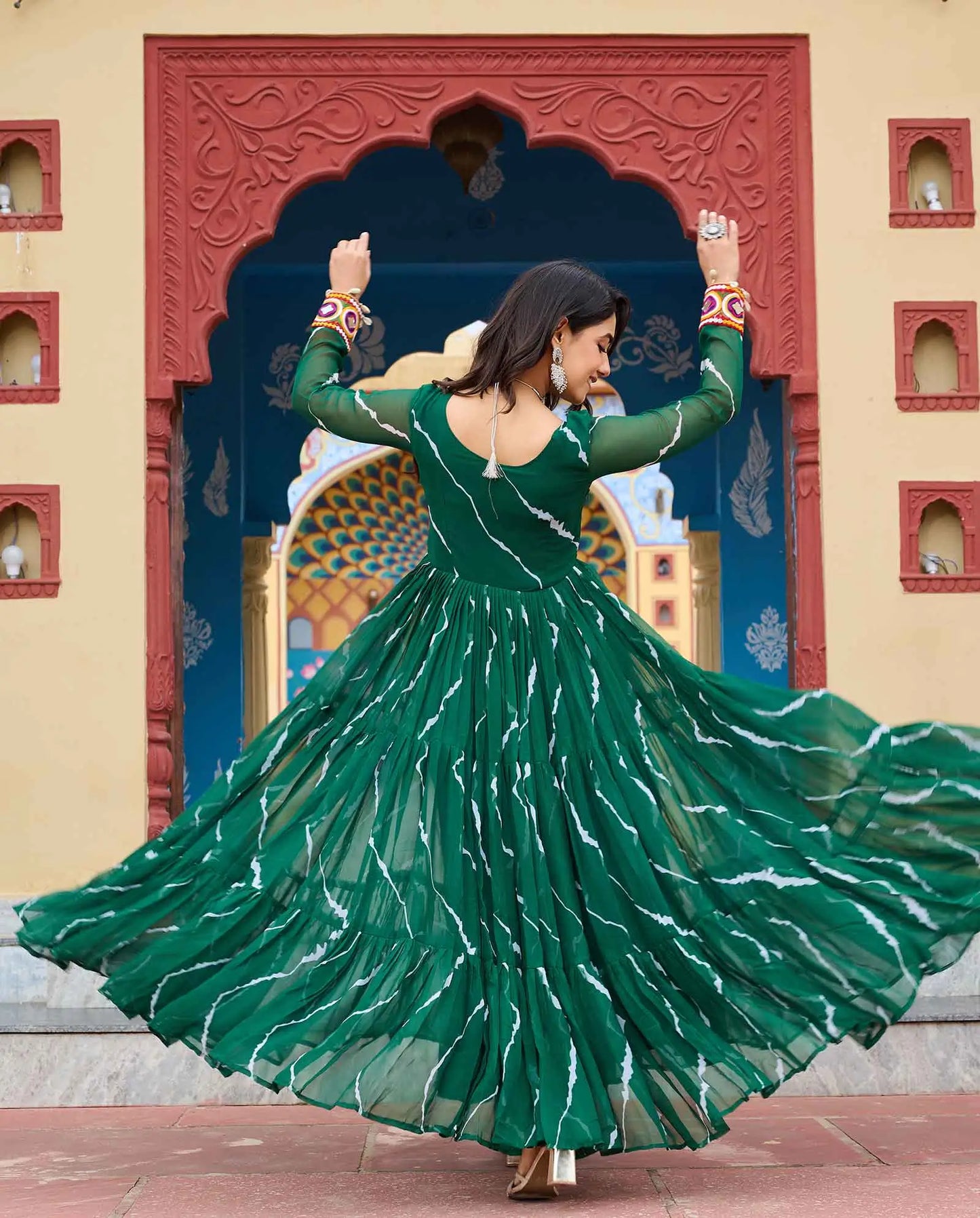 Dark Green Laheriya Print With Kutchi Patch Work Navratri Gown