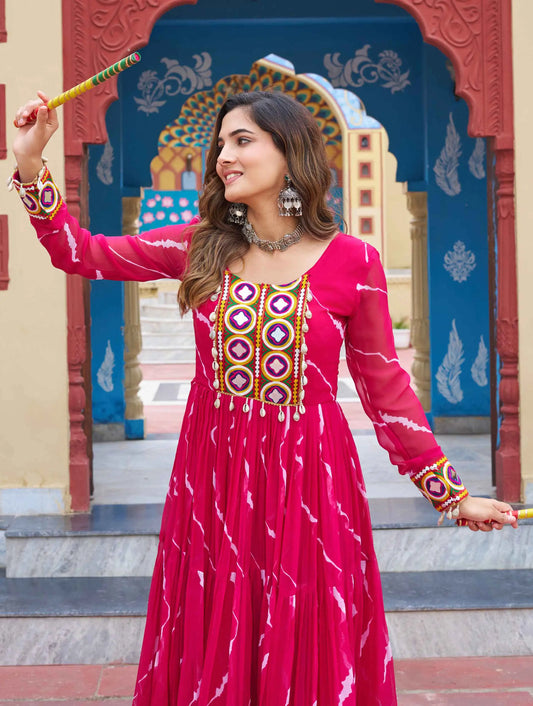 Dark Pink Laheriya Print With Kutchi Patch Work Navratri Gown