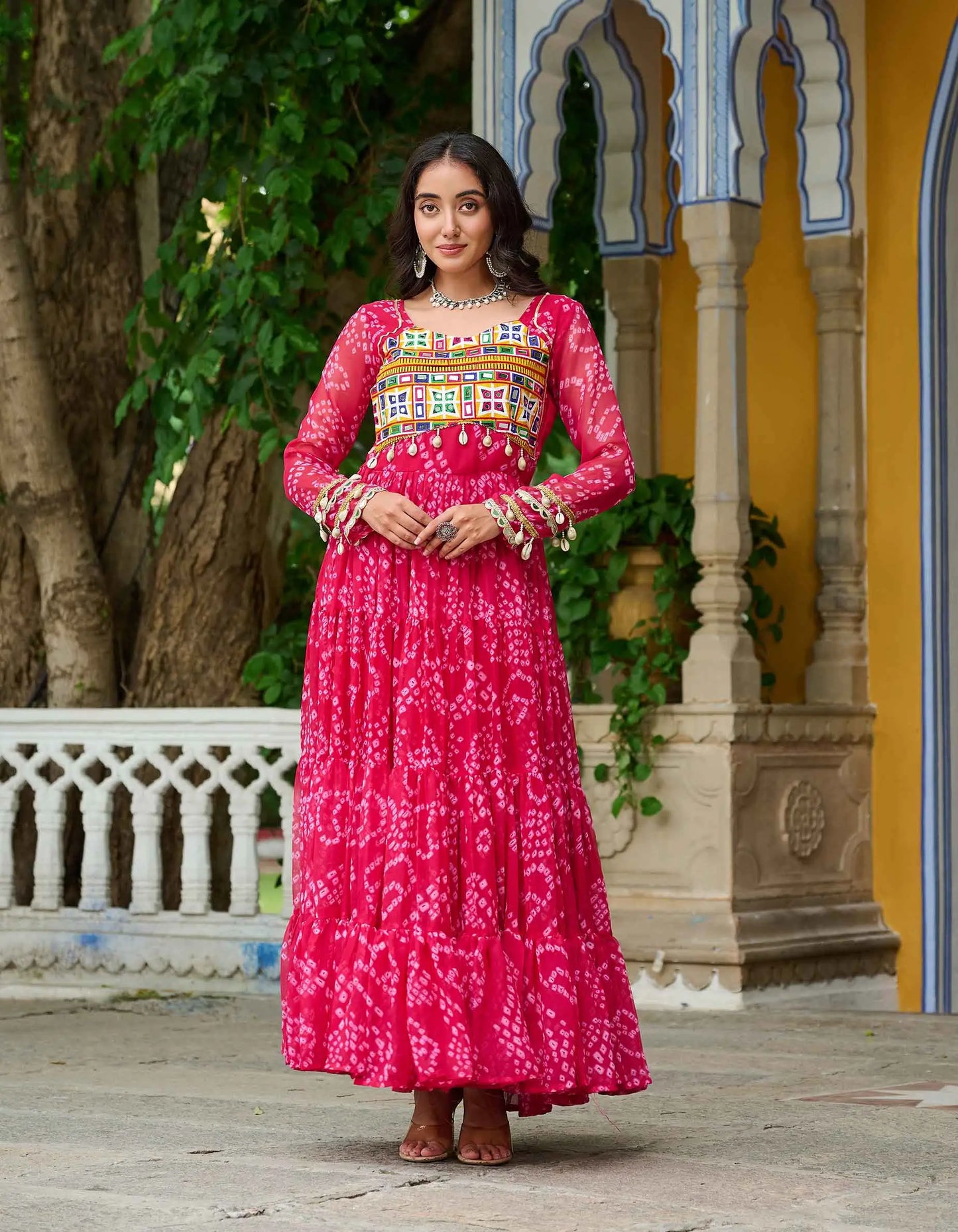 Pink Bandhani Print With Kutchi Patch Work Navratri Gown
