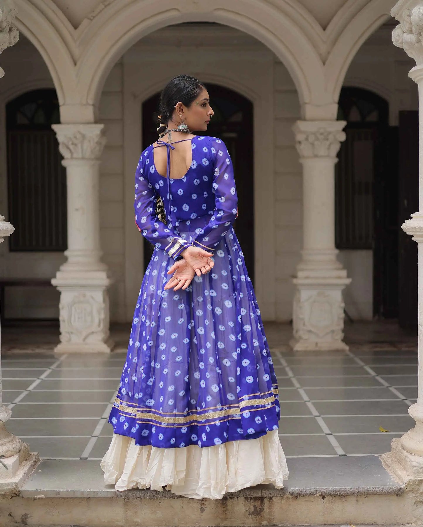 Blue Bandhani Print With Gamthi Patch Work Kurti With Lehenga For Navratri