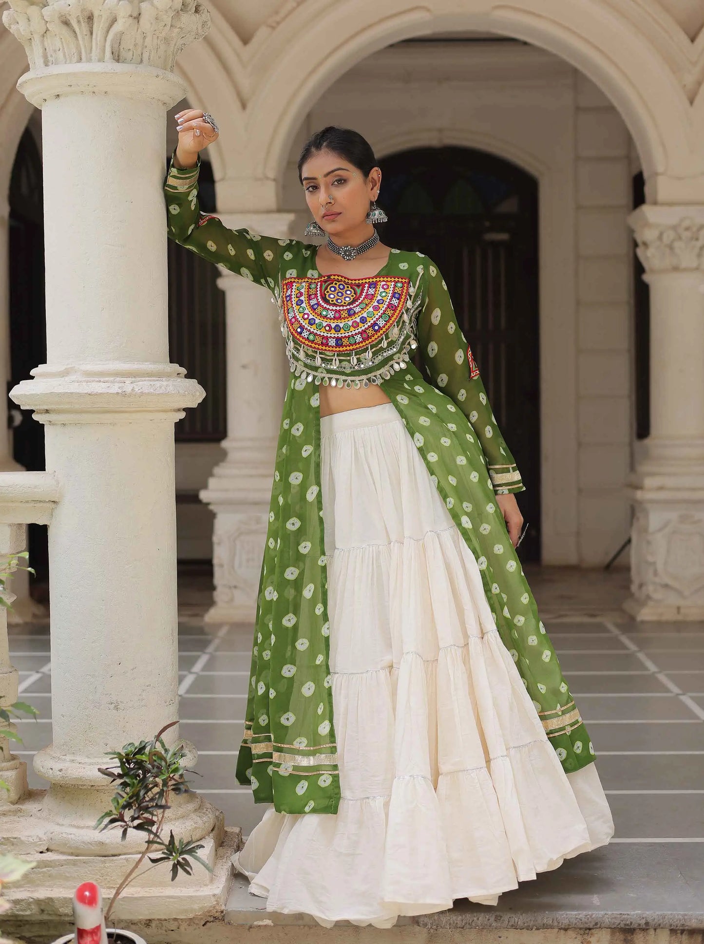 Parrot Bandhani Print With Gamthi Patch Work Kurti With Lehenga For Navratri