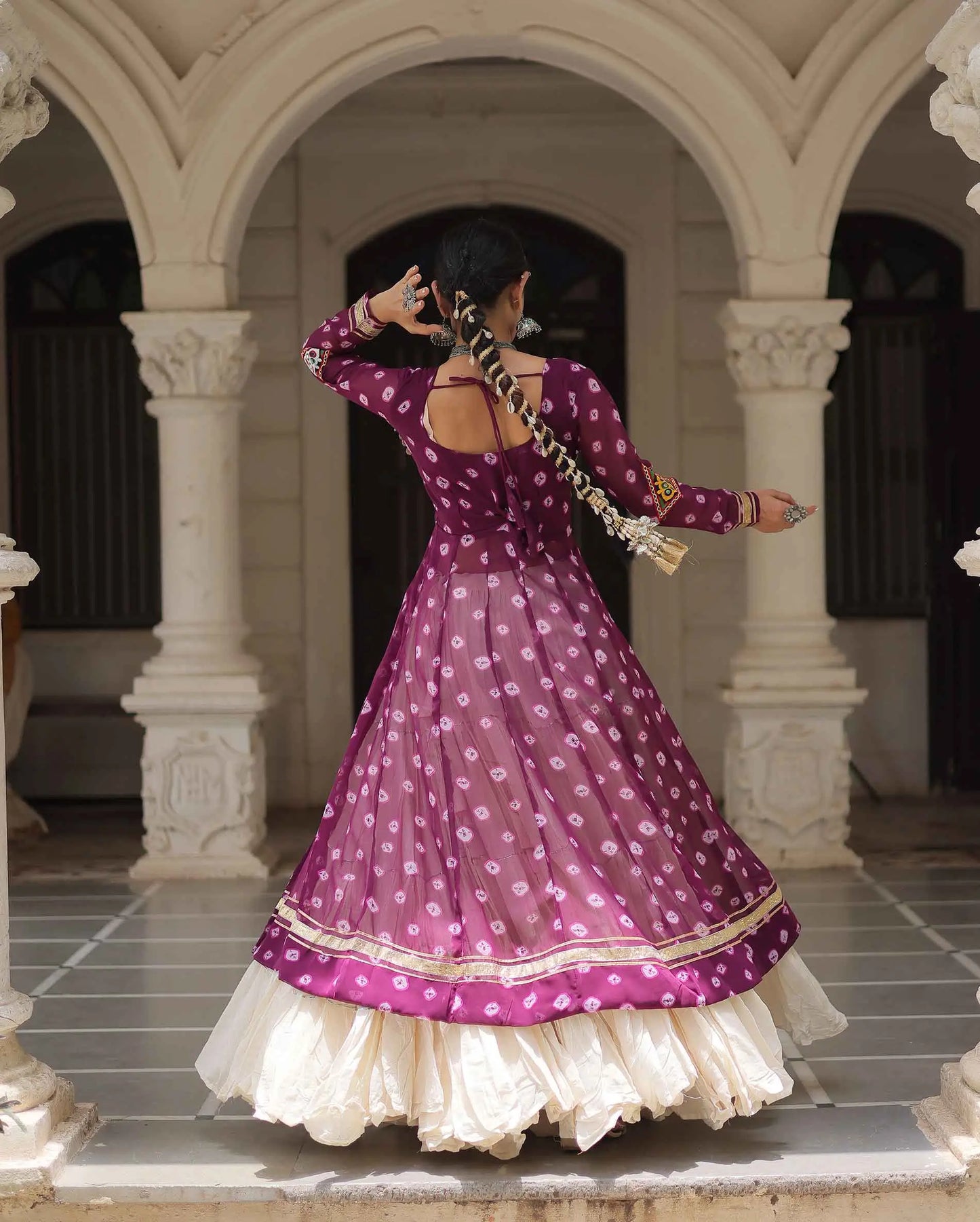 Wine Bandhani Print With Gamthi Patch Work Kurti With Lehenga For Navratri