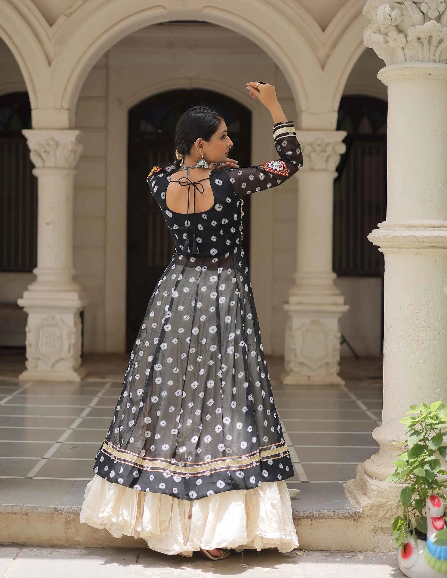 Black Bandhani Print With Gamthi Patch Work Kurti With Lehenga For Navratri