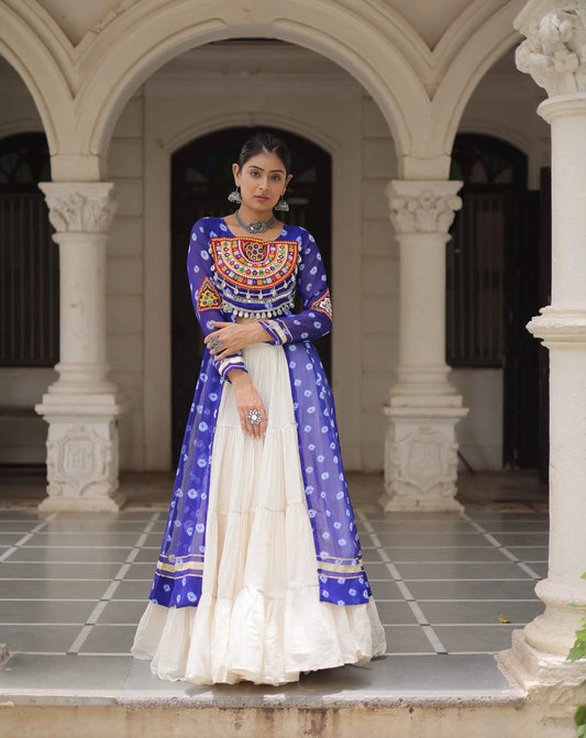 Blue Bandhani Print With Gamthi Patch Work Kurti With Lehenga For Navratri