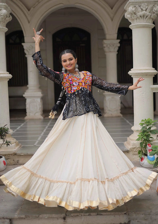 Black Bandhani Print Gamthi Work Blouse With Lace Work Navratri Lehenga