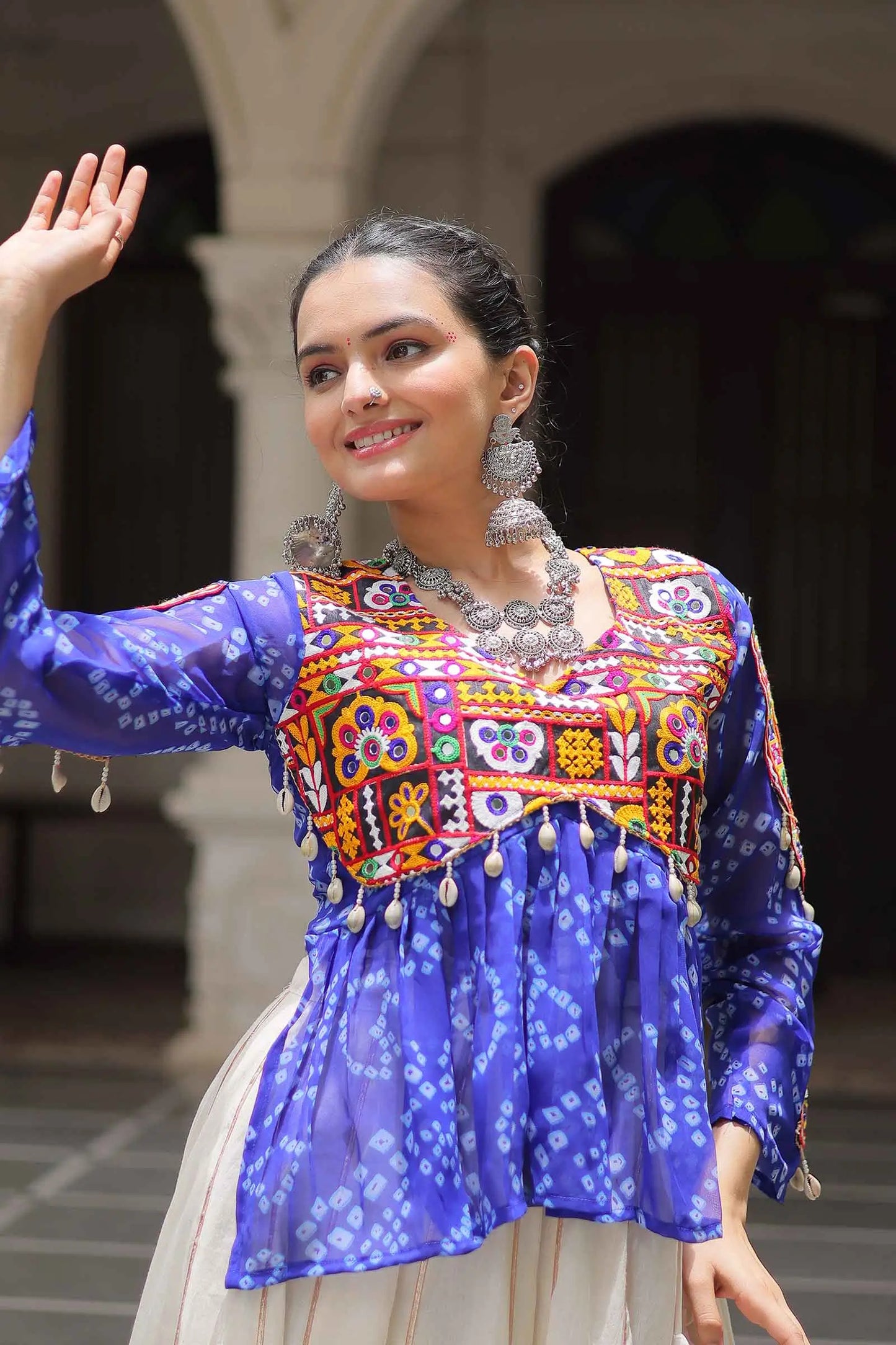 Blue Bandhani Print Gamthi Work Blouse With Lace Work Navratri Lehenga