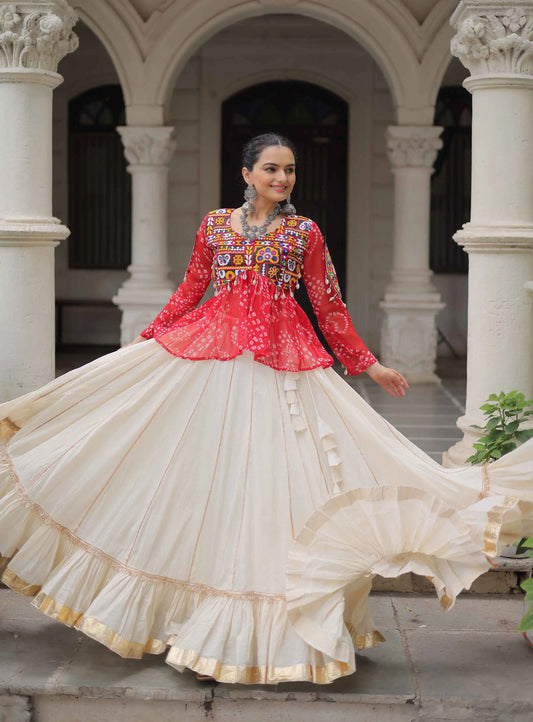 Red Bandhani Print Gamthi Work Blouse With Lace Work Navratri Lehenga