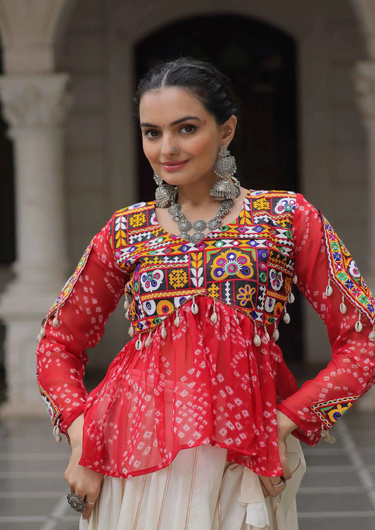 Red Bandhani Print Gamthi Work Blouse With Lace Work Navratri Lehenga