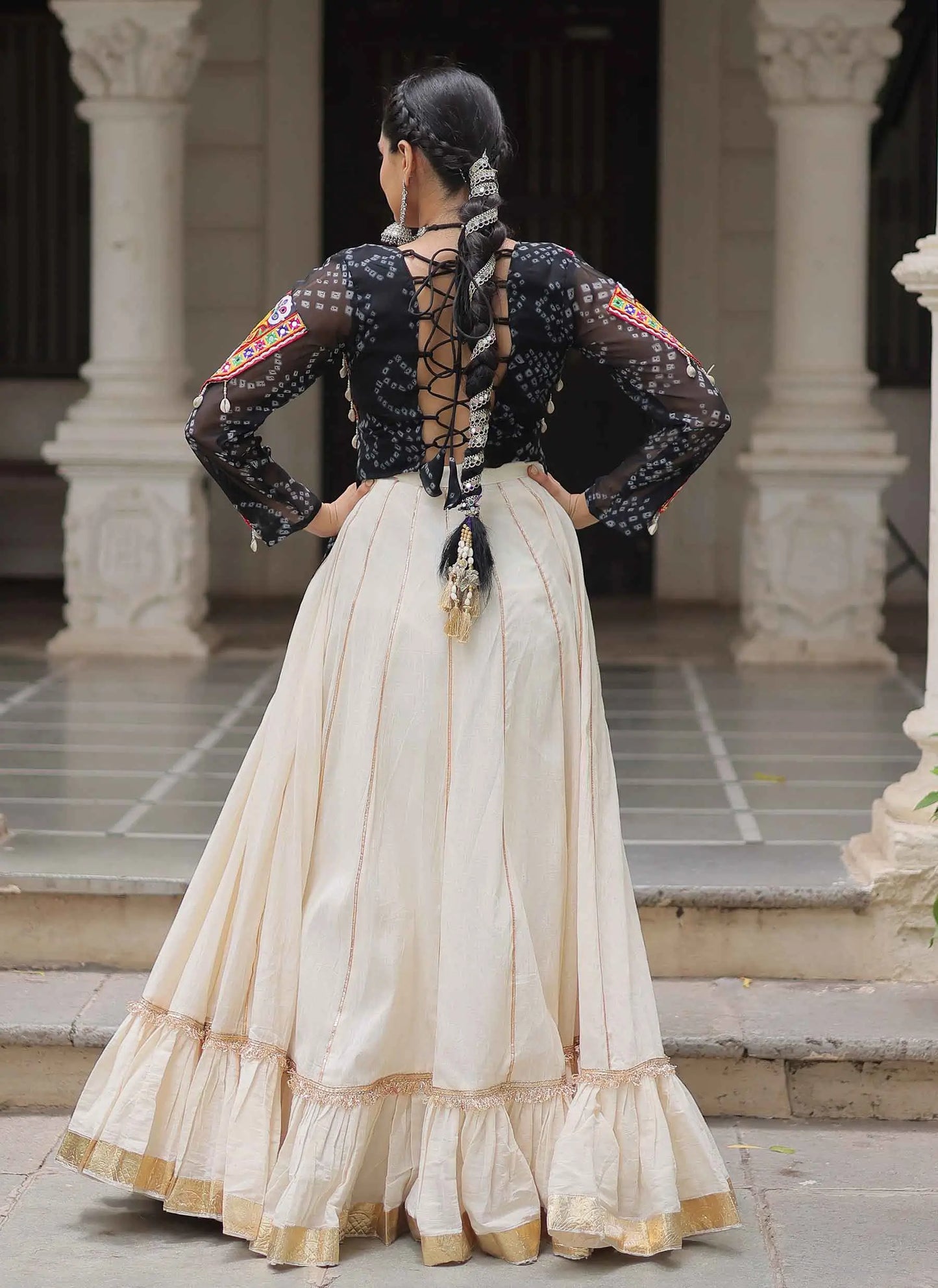 Black Bandhani Print Gamthi Work Blouse With Lace Work Navratri Lehenga