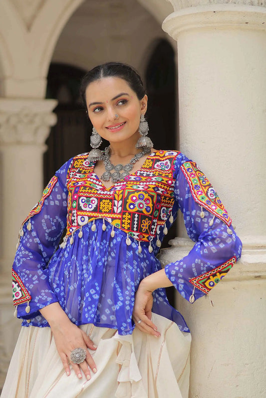 Blue Bandhani Print Gamthi Work Blouse With Lace Work Navratri Lehenga