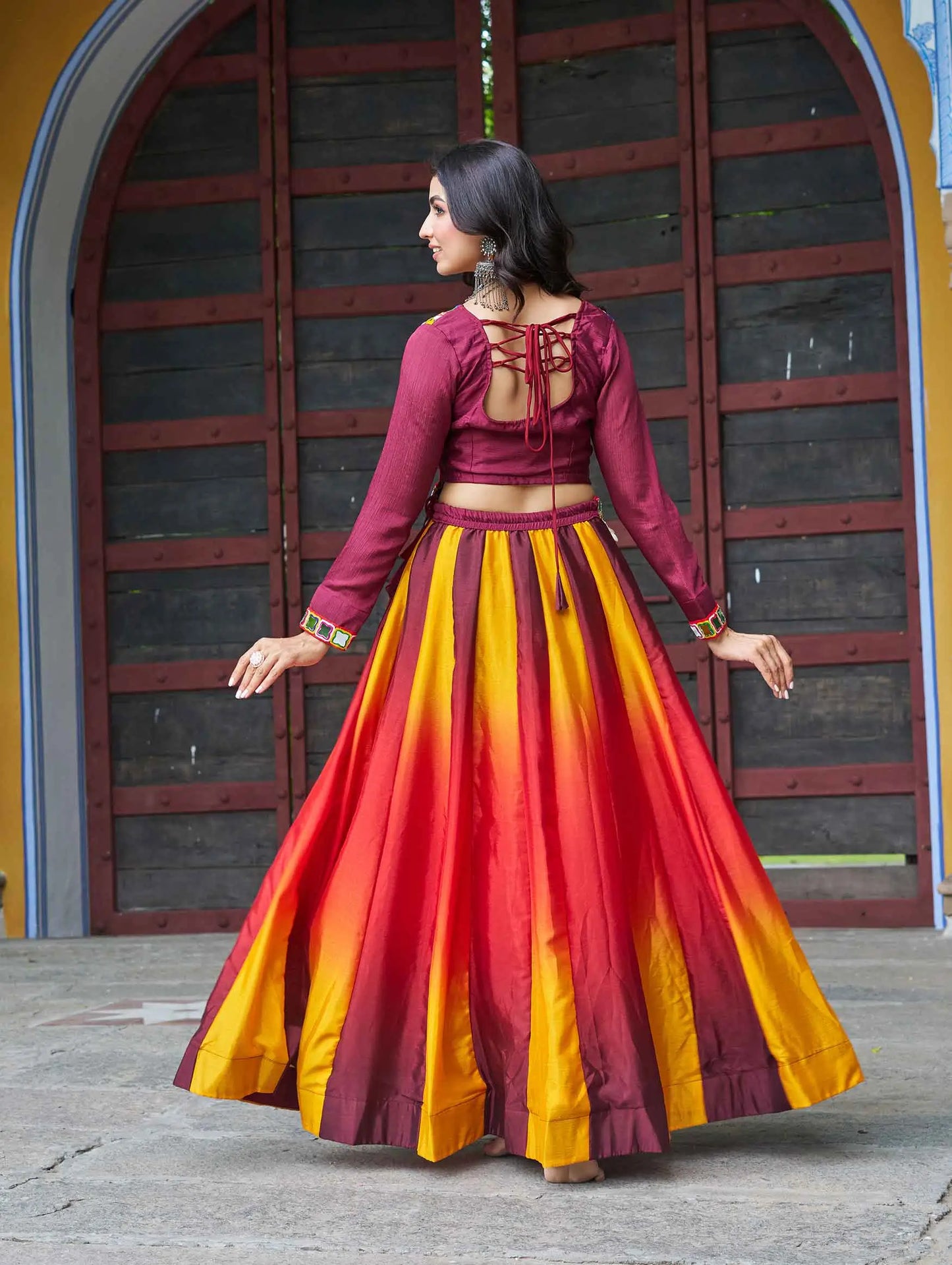 Maroon Chinon Color Padding Lehenga With Gamthi Work Blouse