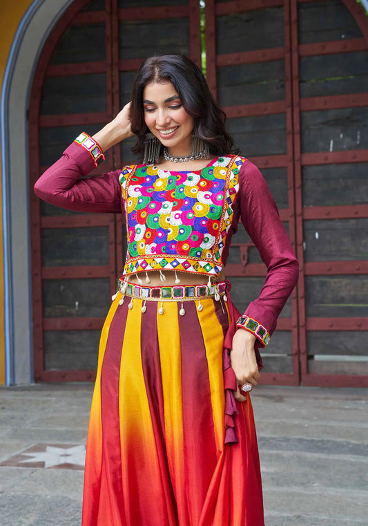 Maroon Chinon Color Padding Lehenga With Gamthi Work Blouse