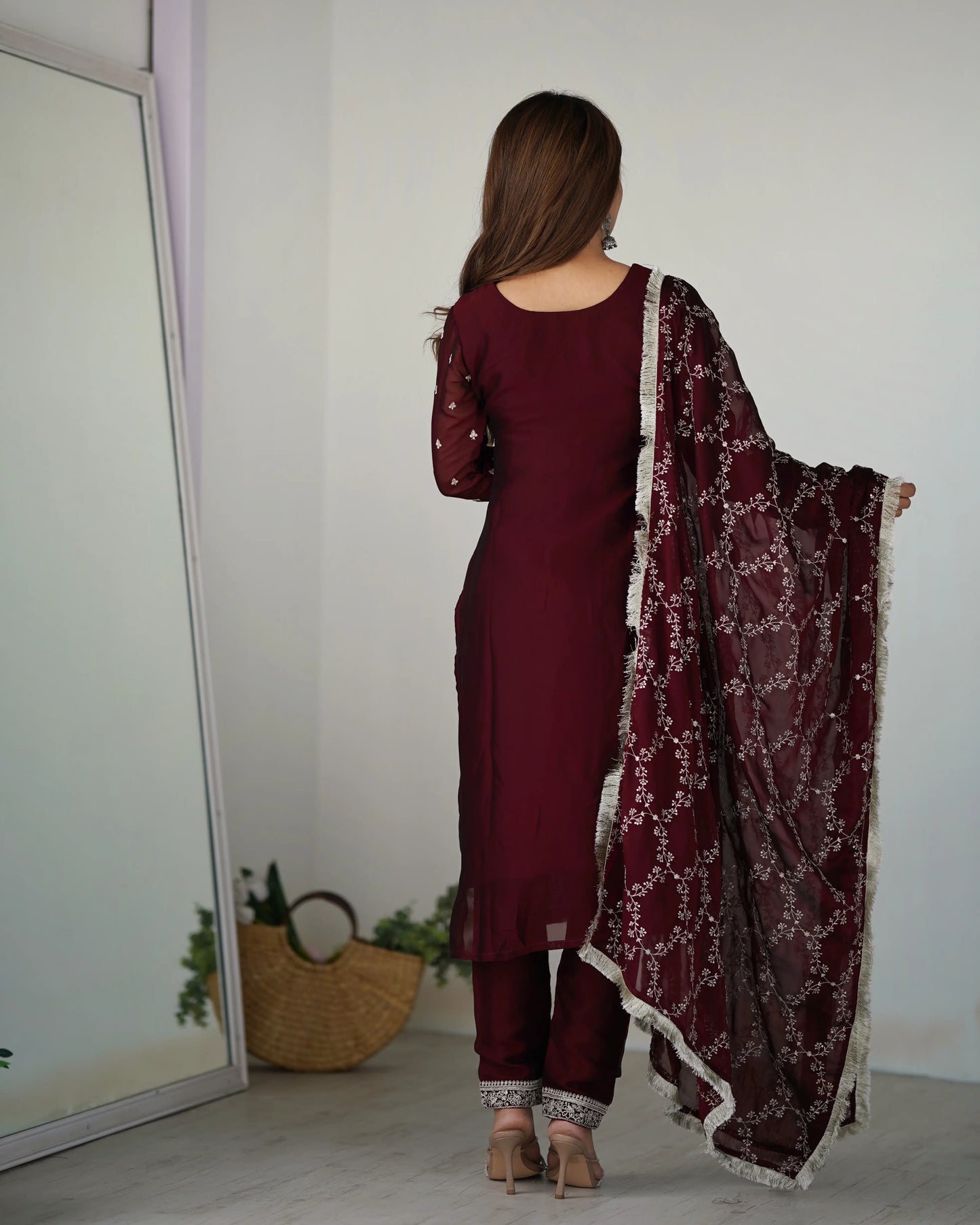 Classic In Maroon Embroidery Sequence And Thread Work Ready To Wear Salwar suit