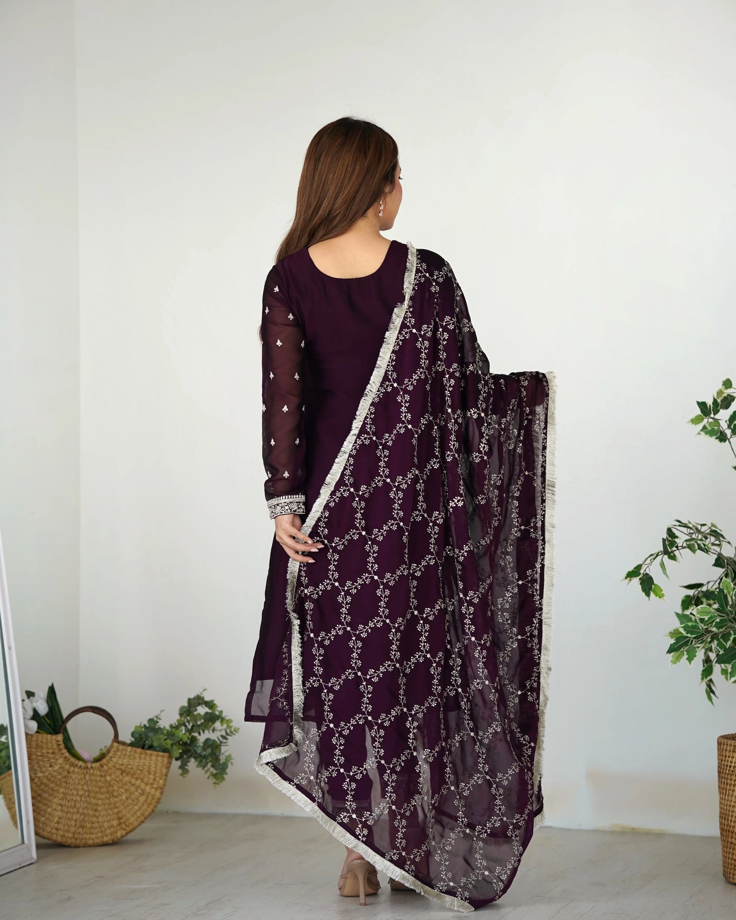 Glossy In Wine Embroidery Sequence And Thread Work Ready To Wear Salwar suit