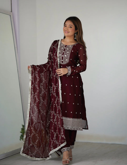 Classic In Maroon Embroidery Sequence And Thread Work Ready To Wear Salwar suit