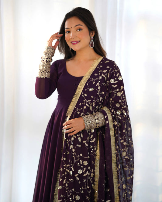 Dark Wine Designer Georgette Gown With Heavy Embroidery Work Dupatta