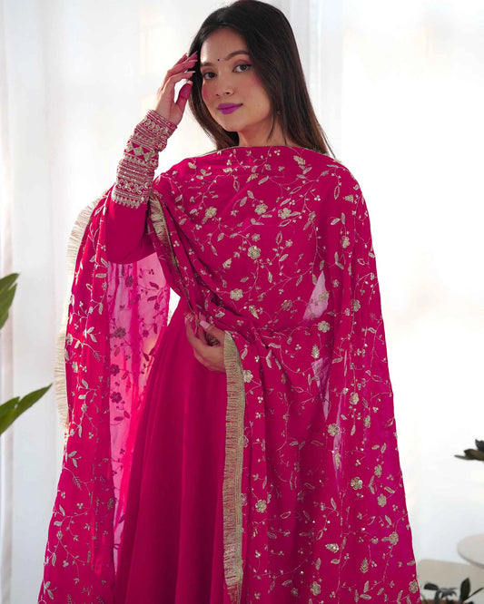 Dark Pink Designer Georgette Gown With Heavy Embroidery Work Dupatta