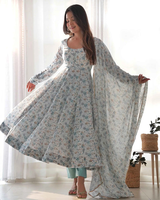 Light Sky Blue Chiffon Anarkali Gown With Colorful Floral Print With Dupatta