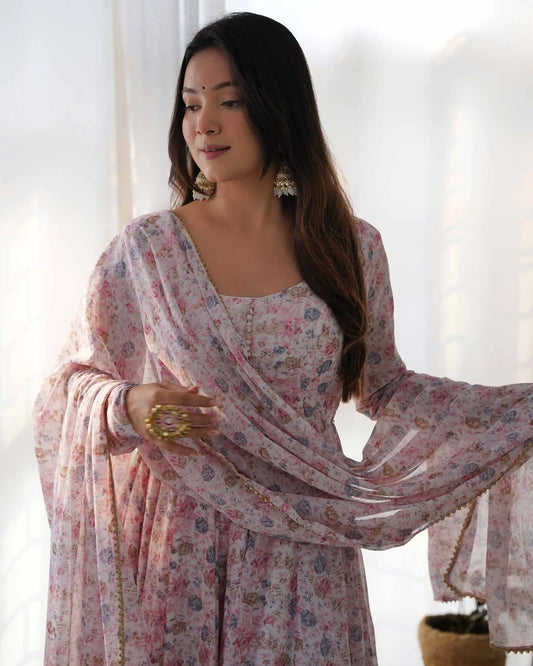 Baby Pink Chiffon Anarkali Gown With Colorful Floral Print With Dupatta