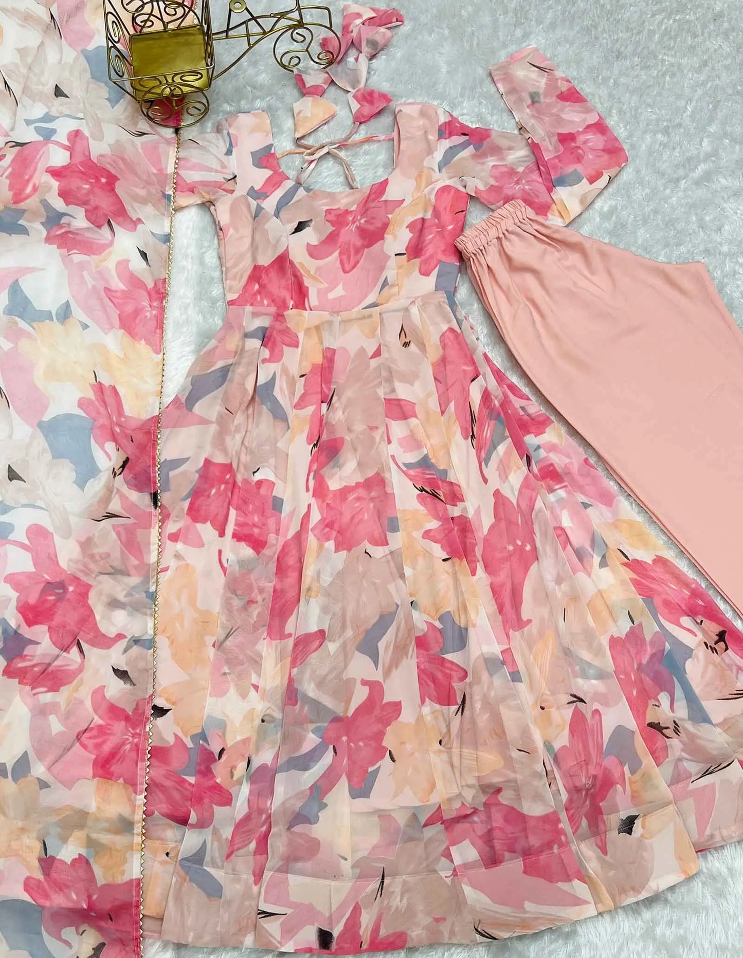 Light Pink Georgette Multi Floral Print Anarkali Gown With Dupatta