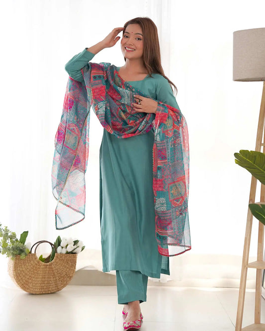 Beetle Blue Viscose Straight Salwar Suit With Multi Floral Print Dupatta