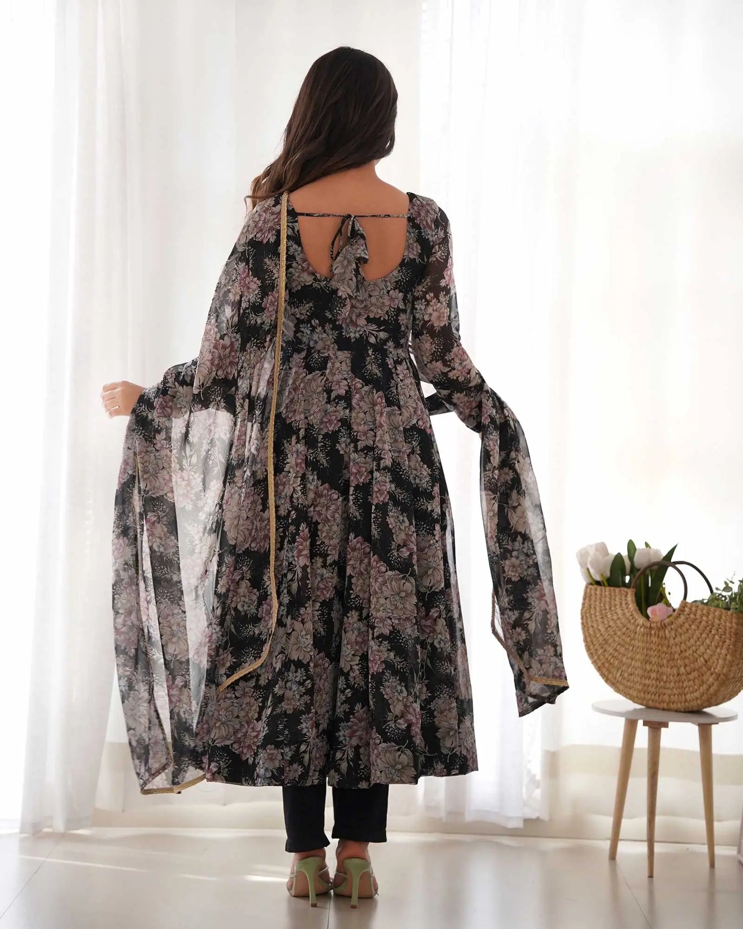 Grey Black Georgette Multi Floral Print Anarkali Gown With Dupatta