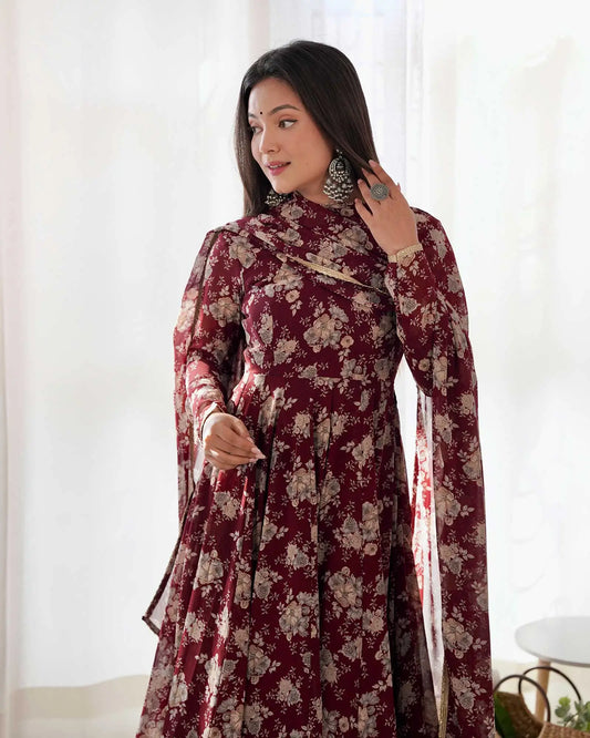 Dark Maroon Georgette Multi Floral Print Anarkali Gown With Dupatta