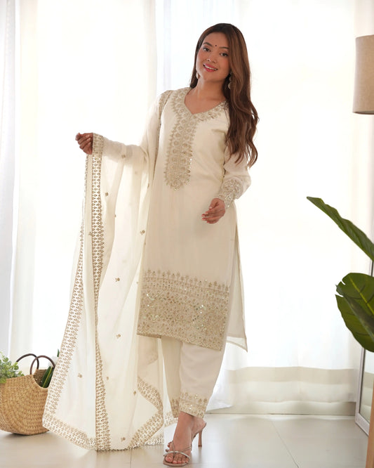 Off White Chinon Silk Straight Salwar Suit With Sequins Embroidery Work