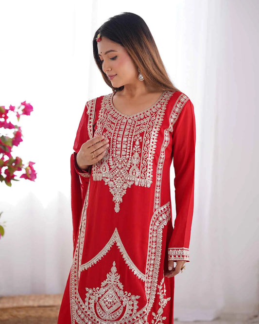 Milano Red Vichitra Silk Salwar Suit With Sequins Embroidery Work With Dupatta
