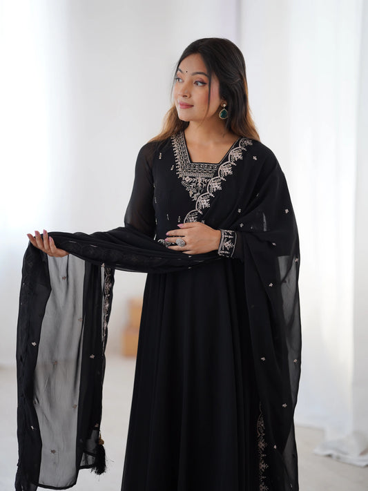 Beautiful Black Designer Embroidery Beads And Zari Work Gown With Dupatta