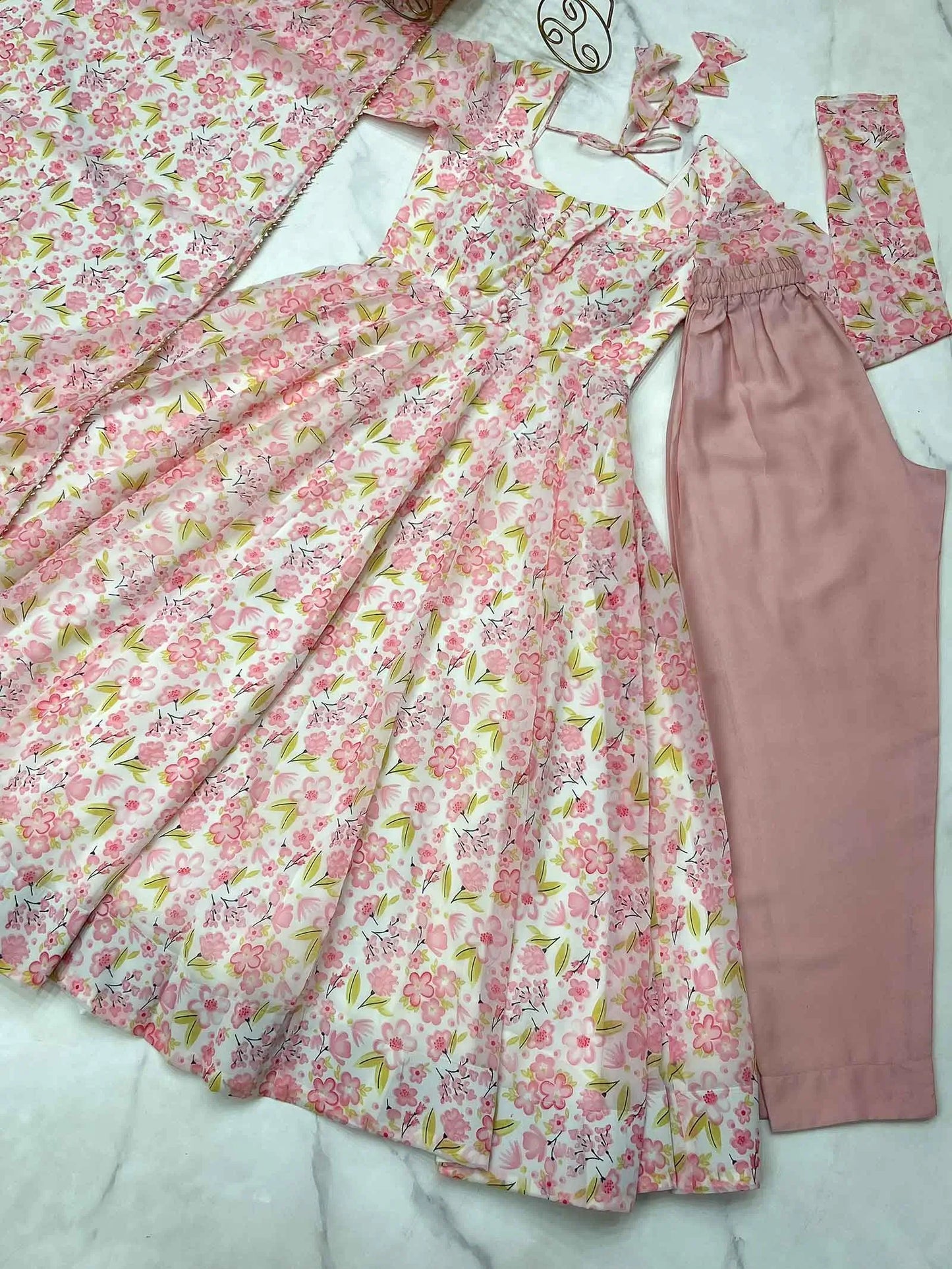 Peach Chiffon Anarkali Gown With Floral Print With Dupatta